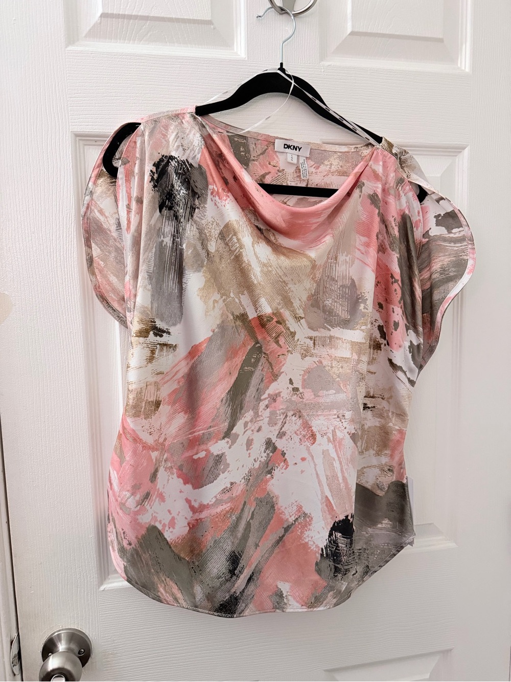 DKNY Pink, Cream & Gray Abstract Drape Neck Blouse
